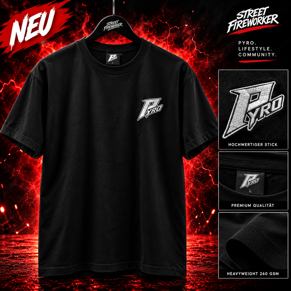 PYRO Heavyweight T-Shirt Schwarz – 260 GSM | Premium Stick