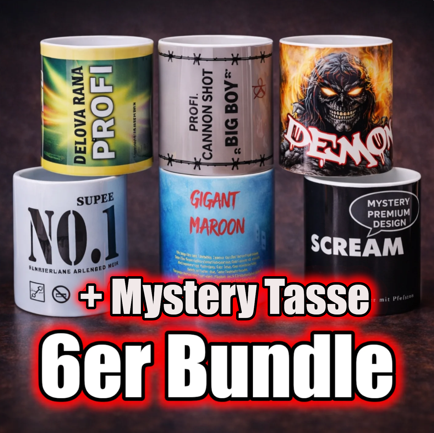 Premium Design Tassen – 6er Bundle + Mystery Tasse