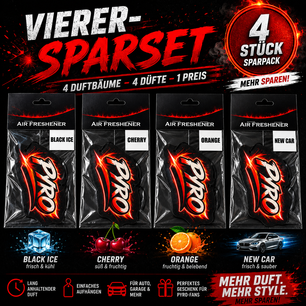 PYRO Logo Auto Duftbaum | Black Ice, Cherry, Orange & New Car