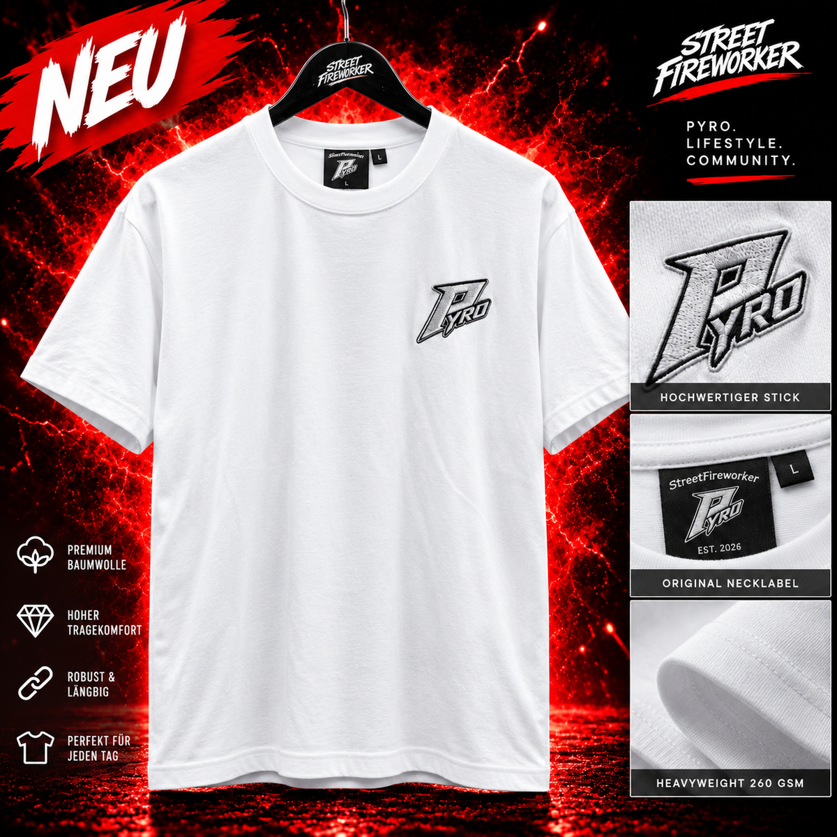 PYRO Heavyweight T-Shirt Weiß – 260 GSM | Premium Stick