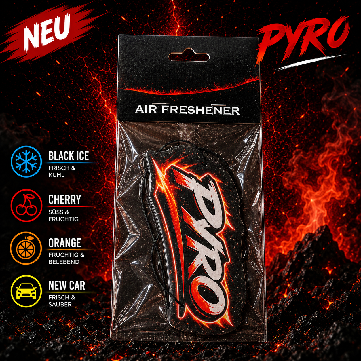 PYRO Logo Auto Duftbaum | Black Ice, Cherry, Orange & New Car