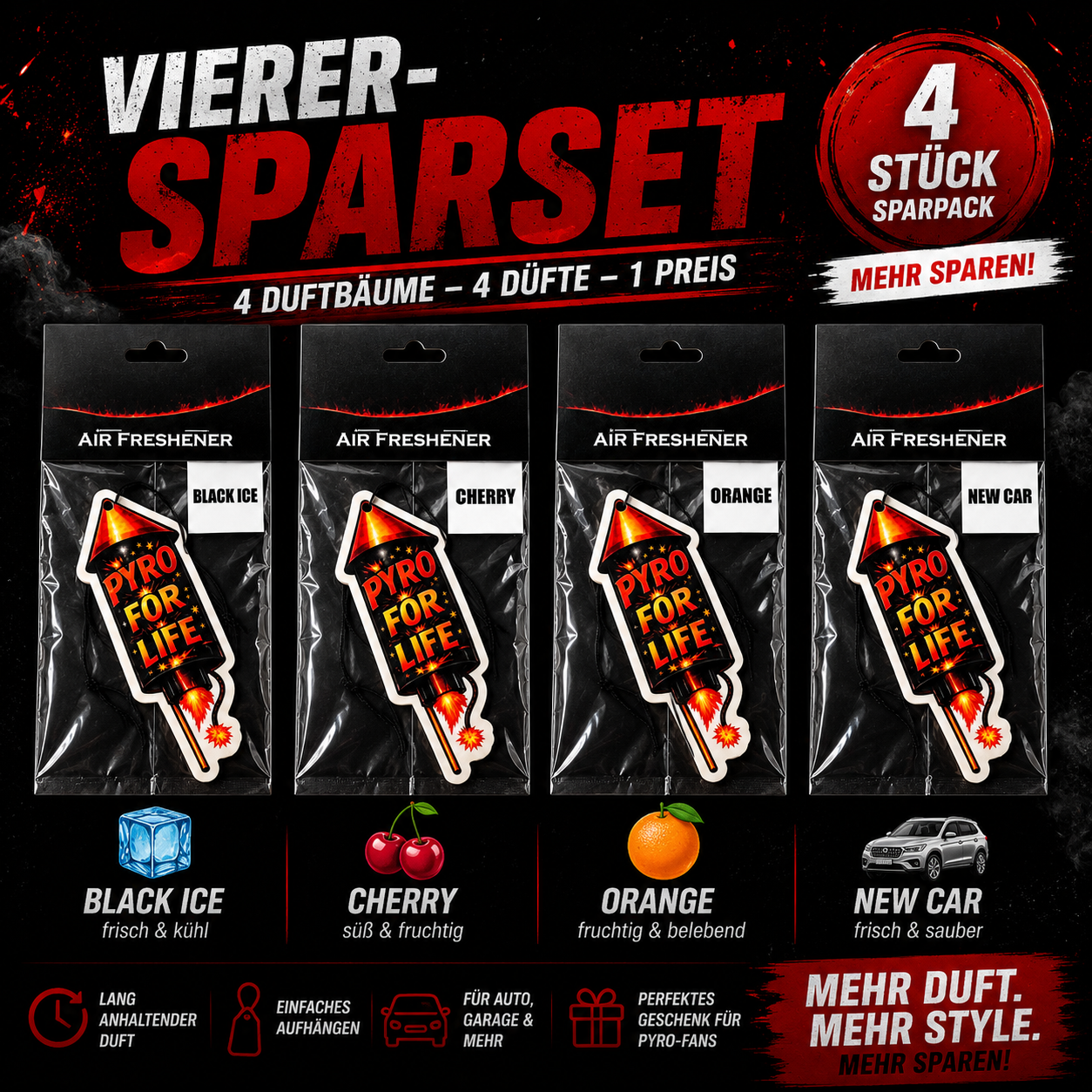 PYRO FOR LIFE Auto Duftbaum | Black Ice, Cherry, Orange & New Car